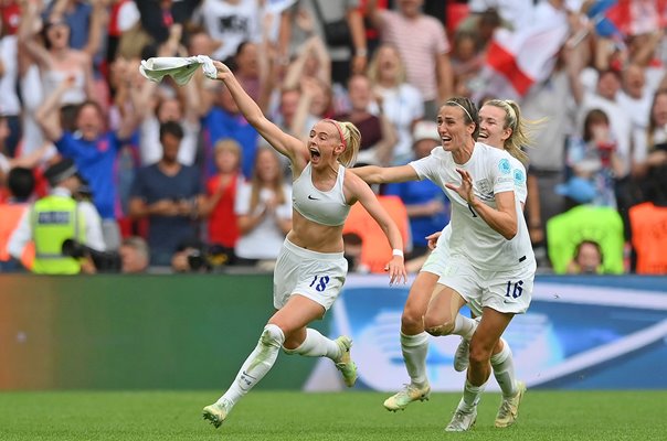 Chloe Kelly England celebrates winner v Germany Wembley Euro Final 2022