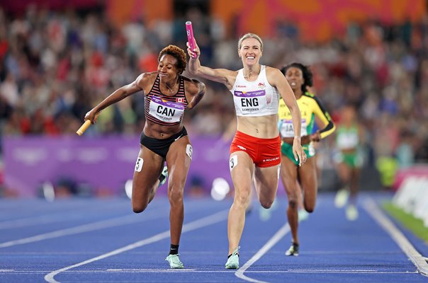 Jessie Knight England v Kyra Constantine Canada 4x400m Relay Final Commonwealths 2022