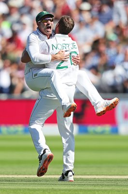 Anrich Nortje & Dean Elgar celebrate v England Lord's Test Match 2022