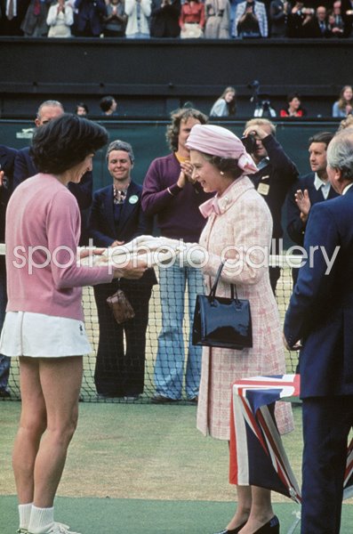 Queen Elizabeth II presents Wimbledon trophy to Virginia Wade 1977