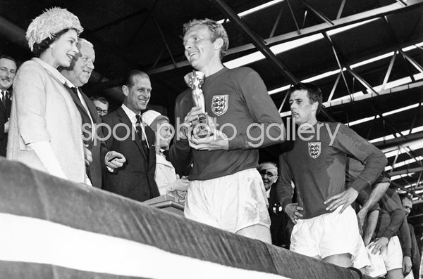 Queen Elizabeth II presents World Cup trophy to England captain Bobby Moore 1966