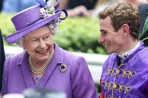 Queen Elizabeth II & Jockey Ryan Moore celebrate Estimate win Ascot 2013