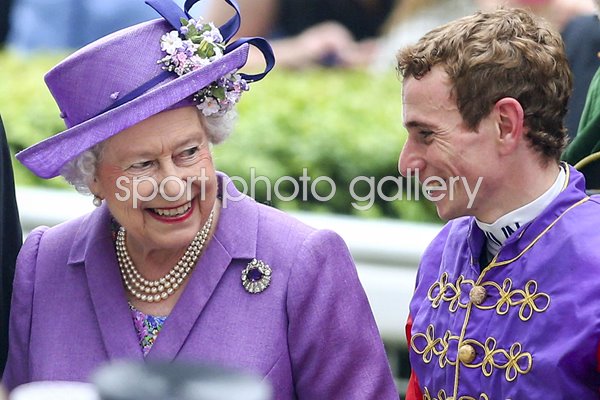 Queen Elizabeth II & Jockey Ryan Moore celebrate Estimate win Ascot 2013