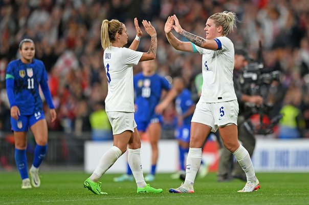 Millie Bright & Rachel Daly celebrate England win v USA Wembley 2022