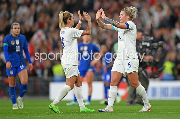 Millie Bright & Rachel Daly celebrate England win v USA Wembley 2022
