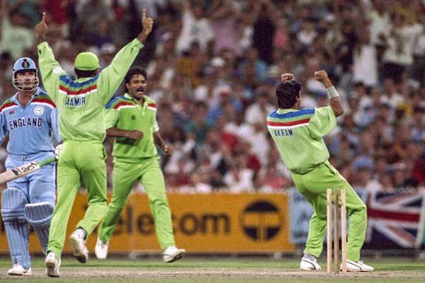 Wasim Akram Pakistan celebrates v England World Cup Final 1992
