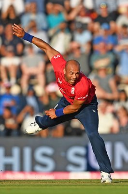 Tymal Mills England bowls v India T20 Ageas Bowl 2022