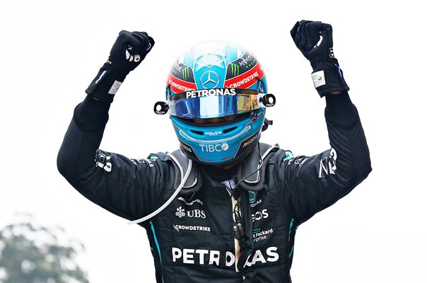 George Russell Great Britain Mercedes celebrates Brazil Grand Prix win 2022