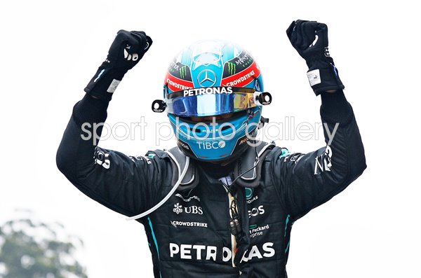 George Russell Great Britain Mercedes celebrates Brazil Grand Prix win 2022