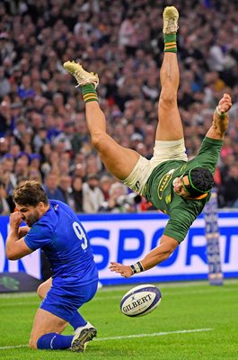 Cheslin Kolbe South Africa sent flying by Antoine Dupont France Paris 2022