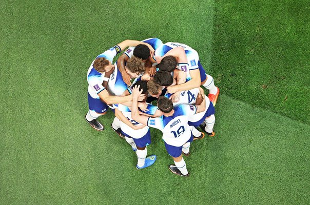 England celebration huddle for Bukayo Saka goal v Iran World Cup 2022