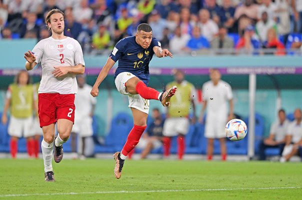 Kylian Mbappe of France shoots v Denmark World Cup Qatar 2022