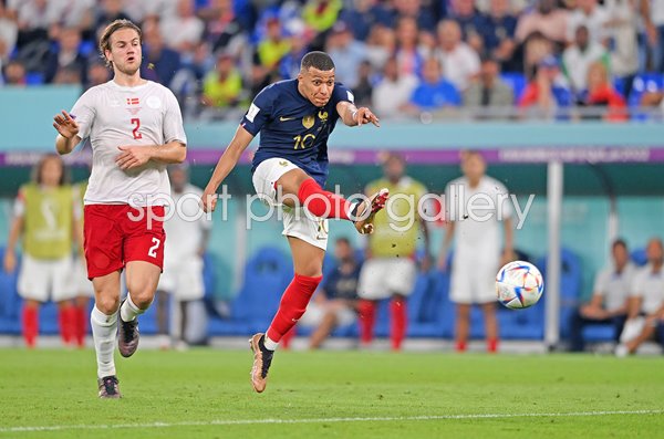Kylian Mbappe of France shoots v Denmark World Cup Qatar 2022