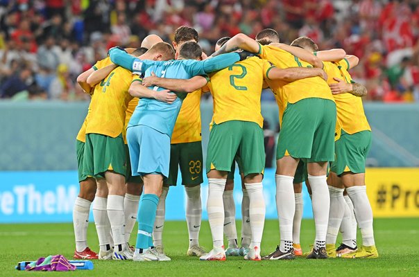 Australia team huddle v Denmark Group D World Cup Qatar 2022