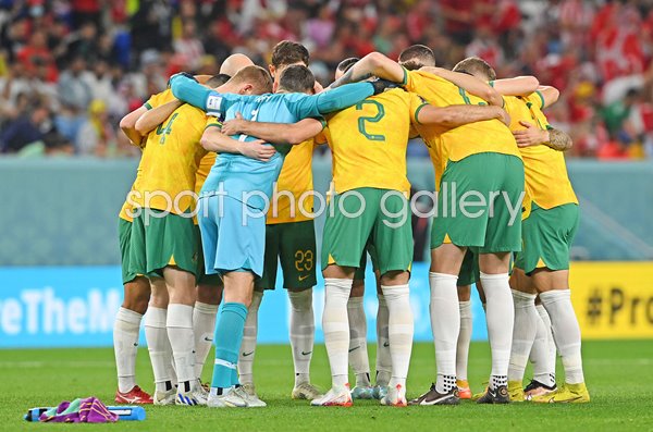 Australia team huddle v Denmark Group D World Cup Qatar 2022