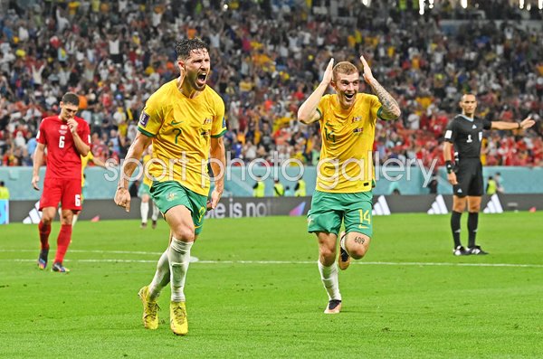 Mathew Leckie Australia celebrates goal v Denmark World Cup 2022