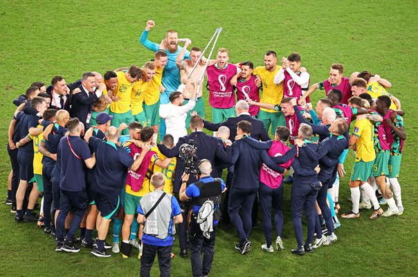 Australia celebrate win v Denmark & qualification from Group D World Cup 2022