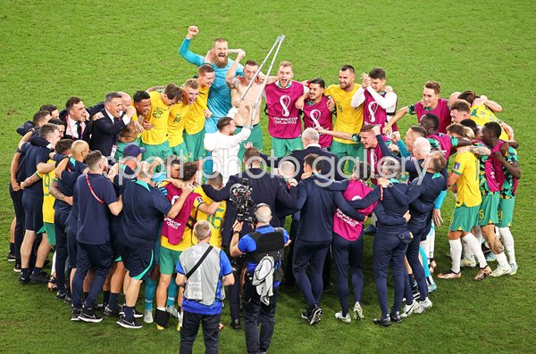 Australia celebrate win v Denmark & qualification from Group D World Cup 2022