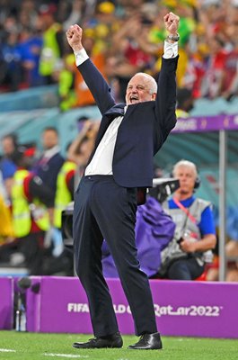 Graham Arnold Australia Head Coach celebrates v Denmark World Cup Qatar 2022