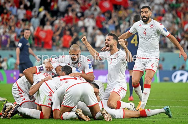 Tunisia celebrate goal v France Group D World Cup Qatar 2022