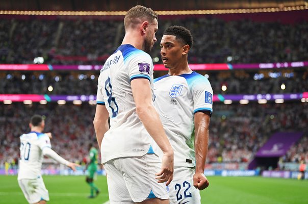 Jordan Henderson & Jude Bellingham England celebrate v Senegal Last 16 World Cup 2022