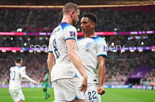 Jordan Henderson & Jude Bellingham England celebrate v Senegal Last 16 World Cup 2022