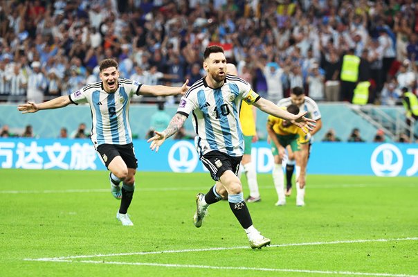 Lionel Messi Argentina celebrates goal v Australia Last 16 World Cup 2022