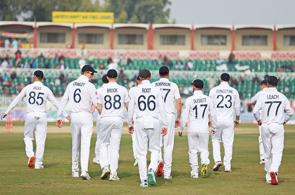 England walk out in their numbers v Pakistan First Test Match Rawalpindi 2022