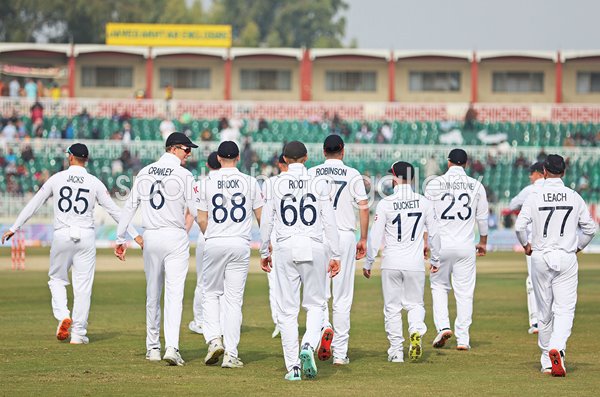 England walk out in their numbers v Pakistan First Test Match Rawalpindi 2022