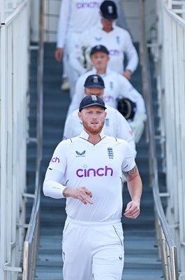 England captain Ben Stokes leads out his team v Pakistan Rawalpindi 2022