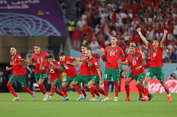 Morocco players celebrate penalties win v Spain World Cup Qatar 2022
