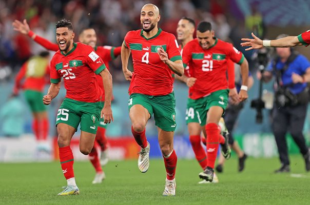 Morocco celebrate win v Spain Last 16 World Cup Qatar 2022