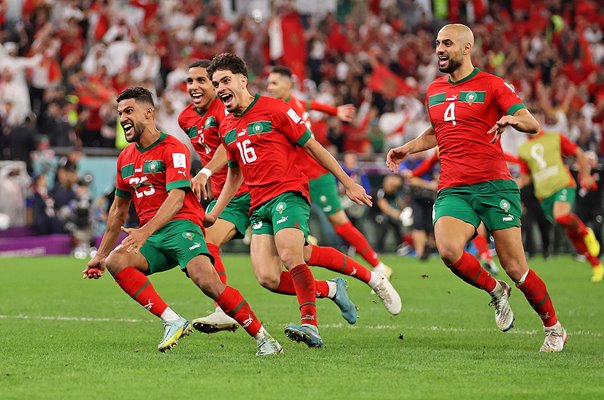 Morocco players celebrate v Spain Last 16 World Cup Qatar 2022