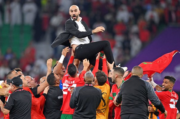 Walid Regragui Head Coach Morocco celebrates v Portugal Quarter Final World Cup 2022