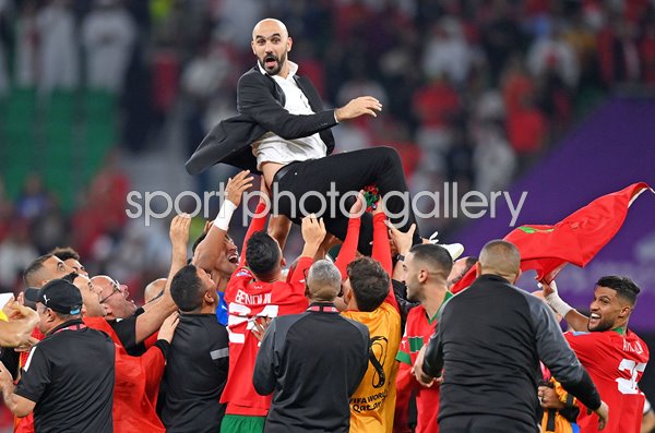 Walid Regragui Head Coach Morocco celebrates v Portugal Quarter Final World Cup 2022