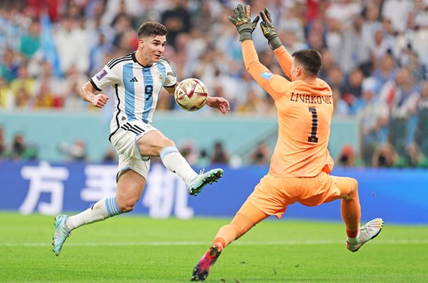 Julian Alvarez Argentina v Dominik Livakovic Croatia Semi Fina World Cup 2022