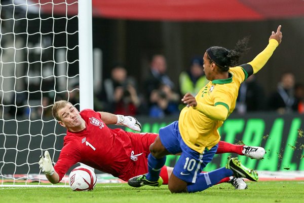 Joe Hart England saves a Ronaldinho penalty Wembley 2013