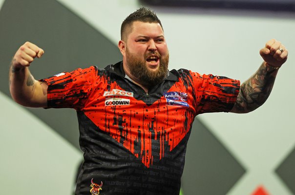 Michael Smith of England winning moment World Darts Alexandra Palace 2023