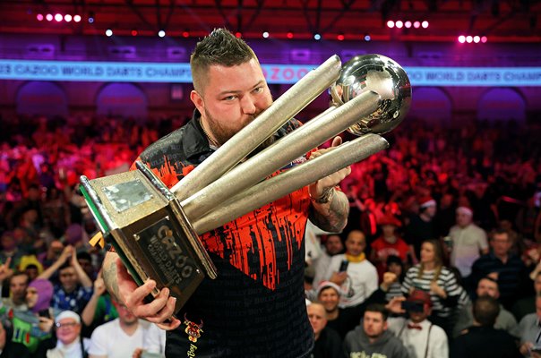 Michael Smith of England celebrates World Darts Alexandra Palace 2023