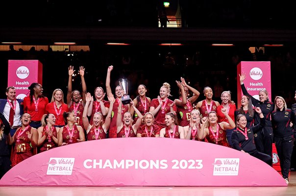 England celebrate Netball series win v Jamaica Copper Box Arena 2023