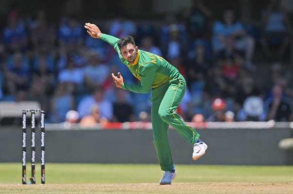 Keshav Maharaj South Africa bowls v England ODI Bloemfontein 2023