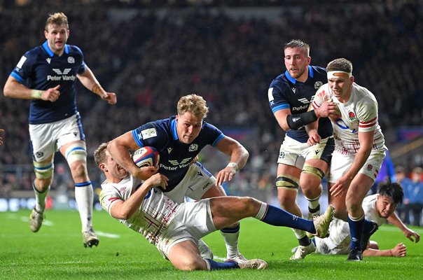 Duhan van der Merwe Scotland scores winning try v England Six Nations 2023