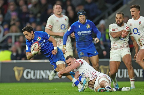 Ange Capuozzo Italy tackled by Ben Earl England Six Nations 2023