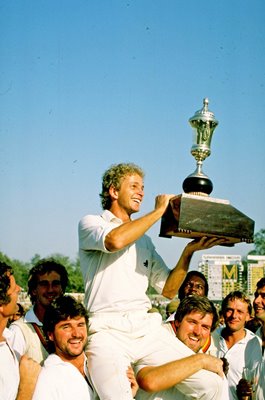 David Gower England captain celebrates Test win v India Kanpur 1985