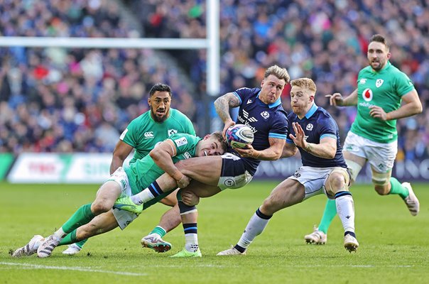 Stuart Hogg Scotland tackled by Garry Ringrose Ireland Six Nations 2023