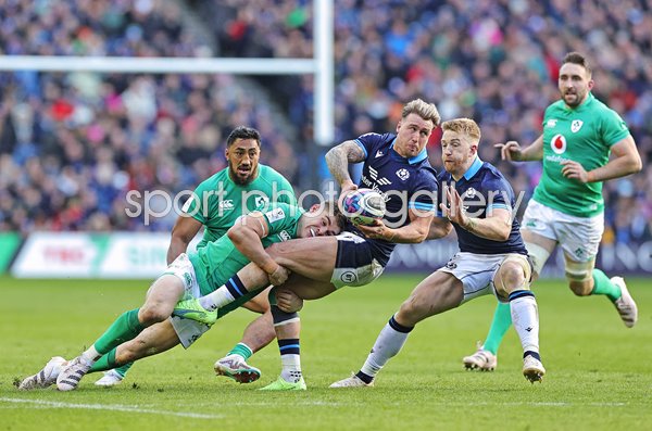 Stuart Hogg Scotland tackled by Garry Ringrose Ireland Six Nations 2023