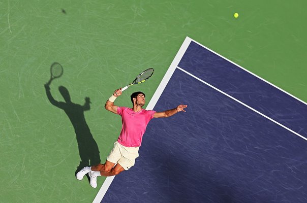 Carlos Alcaraz Spain serves Indian Wells California 2023