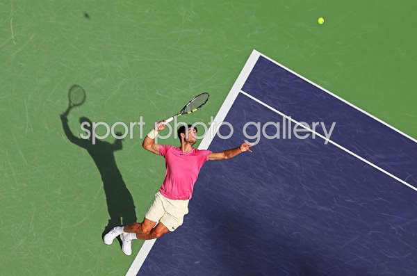 Carlos Alcaraz Spain serves Indian Wells California 2023