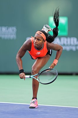 Coco Gauff USA serves Indian Wells California 2023