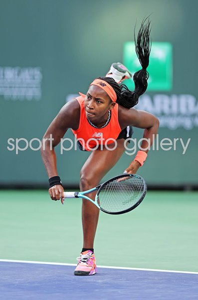 Coco Gauff USA serves Indian Wells California 2023